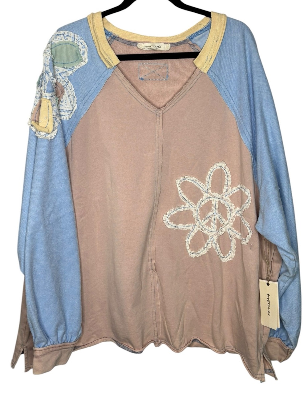 New Blue Velvet Oversized Patchwork Hippie Sweatshirt Pockets Size XL Boho
